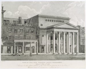 Vista del Nuevo Teatro Real, Haymarket, inaugurado el 4 de julio de 1821, mostrando también la situación relativa del antiguo teatro antes de su demolición, grabado por Dale, 1822 de Robert Blemell Schnebbelie