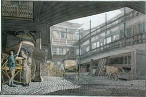 Vista del patio en el Spread Eagle, Gracechurch Street, con coches y caballos alimentándose de Robert Blemell Schnebbelie