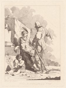 Dos soldados y un niño sosteniendo un casco de Robert Blyth, after John Hamilton Mortimer