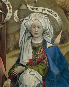 Detalle de una mujer de la Natividad, obra del Maestro de Flemalle Robert Campin (1375/1379-1444), óleo sobre tabla, hacia 1420. de Robert Campin
