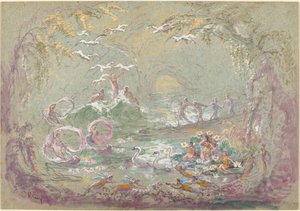 Escena del lago con hadas y cisnes