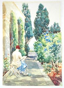 Cicely Nops pintando en un jardín de Robert Caruana Dingli