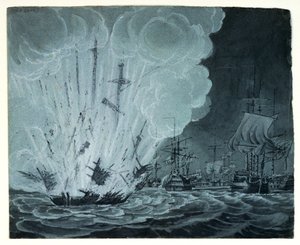 Barco, voladura, en la batalla del Nilo (dibujo a pluma, aguada gris) de Robert Cleveley