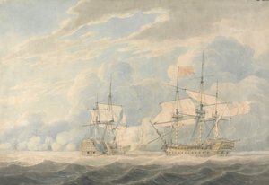 El Vicealmirante holandés bajo el mando del Almirante De Winter arriando su bandera al Vicealmirante inglés Onslow bajo el mando del Almirante Duncan en la Batalla de Camperdown, 11 de octubre de 1797. de Robert Cleveley