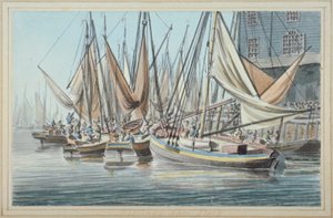 Vista del Muelle Billingsgate con Barcos en el Agua, Ciudad de Londres de Robert Clevely