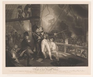 Batalla de Trafalgar con la muerte de Horatio Nelson Batalla de Trafalgar y muerte de Lord Viscount Nelson (título sobre el objeto) de Robert Cooper
