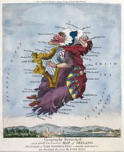 ¡Geografía hechizada! o, un divertido mapa caricaturesco de Irlanda. Este retrato de Lady Hibernia Bull está humildemente dedicado a su esposo, el gran Sr. John Bull. [hacia 1796]