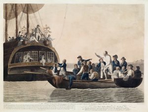 Los amotinados abandonando al teniente Bligh y parte de los oficiales y la tripulación, 29 de abril de 1789, pub. 1790 de Robert Dodd
