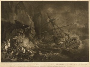 La pérdida del barco "Halsewell" de la Compañía de las Indias Orientales en la noche del 5 al 6 de enero de 1786, c.1786 (aguatinta, aguafuerte) de Robert Dodd