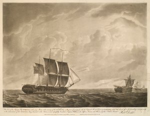 Esta vista, del buque de Su Majestad EUROTAS, con mástiles de jurado, en la mañana del 26 de febrero de 1814, a punto de alcanzar a la fragata imperial francesa LA CLORINDE, que se había alejado la tarde anterior, debido a la circunstancia de que el de Robert Dodd