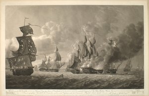 Esta vista del combate del día de San Jorge de 1794, entre un destacamento de las fragatas de Su Majestad, bajo el mando de Sir John Borlase Warren Bar, y cuatro fragatas francesas está muy respetuosamente inscrita al Comodoro y a los distintos capitanes b de Robert Dodd
