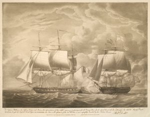 Al Capitán Phillimore, sus Oficiales, Marineros e Infantes de Marina, esta representación de su hábil maniobra (al pasar por debajo de la Popa del Enemigo cuando éste esperaba que tomaran el Meteorológico) por la cual la Fragata de Su Majestad EUROTAS, tra de Robert Dodd