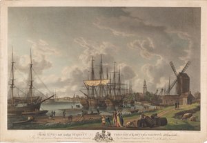 A la Excelentísima Majestad del Rey, esta vista del río y la navegación en Limehouse. de Robert Dodd