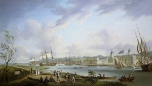 Vista de Greenwich, descripción del Támesis y de las actividades en sus orillas, así como de la navegación fluvial, sujeta a la importancia de las mareas. Óleo sobre lienzo de Robert Dodd