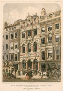 Vista de las oficinas de la Promoter Life Insurance Company con los edificios colindantes, Fleet Street, Londres (litografía en color) de Robert Dudley