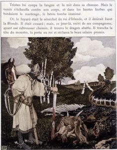 Tristán cerca del dragón muerto - en "El Romance de Tristán e Iseo" de Bédier, ilustrado por Robert Engels, ed. de Arte, París de Robert Engels
