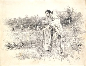 Dos muchachas de pie ante una tumba de Robert Frederick Blum