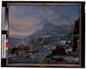 Invierno: Un paisaje invernal helado con campesinos de Robert Griffier