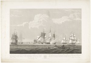 Salida de doce barcos mercantes holandeses del puerto de Portsmouth, 1833 (lámina 3) Este conjunto de tres placas que representan la salida del puerto de Portsmouth el 2.d de junio de 1833 de 12 Nederlandsche Koopvaardy Ships from Embargo descargados de Robert Havell (II)