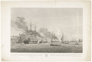 Salida de doce barcos mercantes holandeses del puerto de Portsmouth, 1833 (lámina 2) Este conjunto de tres placas que representan la salida del puerto de Portsmouth el 2.d de junio de 1833 de 12 Nederlandsche Koopvaardy Ships from Embargo descargados de Robert Havell (II)