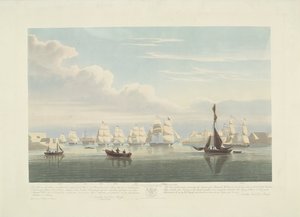 Salida de doce barcos mercantes holandeses del puerto de Portsmouth, 1833 (lámina 1) Este conjunto de tres placas que representan la salida del puerto de Portsmouth el 2.d de junio de 1833 de 12 Nederlandsche Koopvaardy Ships from Embargo descargados