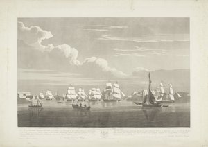 Salida de doce barcos mercantes holandeses del puerto de Portsmouth, 1833 (lámina 1) Este conjunto de tres placas que representan la salida del puerto de Portsmouth el 2.d de junio de 1833 de 12 Nederlandsche Koopvaardy Ships from Embargo descargados de Robert Havell (II)