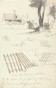 Estudios de granjas junto a una puerta, arado y gradas de Robert Hills