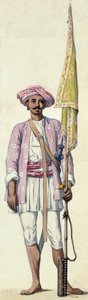 Soldado indio (hombre cohete) del ejército de Tipu Sultan, usando su cohete como asta de bandera, Madrás