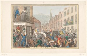 Spotprent op prinses Caroline, 1820 Llegada tardía a casa de Mother Wood (título sobre el objeto) de Robert Isaac Cruikshank (attributed to workshop of)