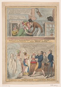 Spotprent sobre het huwelijk van de markies van Worcester y Anne Francis Culling Smith, 1822 El amor se ríe de los cerrajeros -o- sacrificando al duque!!! una farsa representada recientemente en Upper Brook Street / Giovani de Worcester -o- el libertino re de Robert Isaac Cruikshank