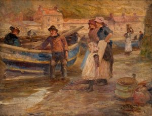 Escena del puerto con pescadores
