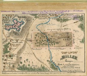 "Camp Lawton" en Millen, Georgia - unos 8.600 prisioneros confinados aquí el 14 de noviembre de 1864. LOC gvhs01.vhs00054