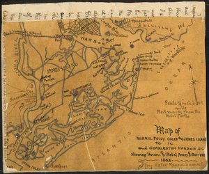 Mapa de Morris, Folly, Coles y James Island(s) etc., y Charleston Harbor S.C. mostrando (sic) fuertes y baterías de la Unión y Rebeldes, 1864. LOC gvhs01.vhs00184 de Robert Knox Sneden