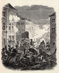 Lucha en la barricada en el Ayuntamiento de Cölln en Berlín en la noche del 18 al 19 de marzo de 1848