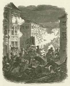 Luchando en una barricada fuera del Ayuntamiento de Kolln en Berlín la noche del 18-19 de marzo de 1848