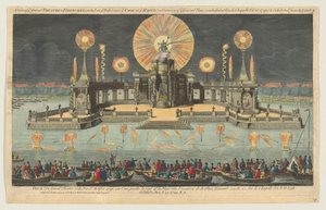 Vista del Gran Teatro y fuegos artificiales erigidos en el agua cerca de la corte en La Haya, 1794 de Robert Laurie