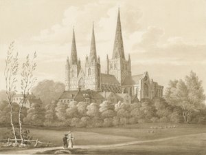 Catedral de Lichfield - Vista oeste suroeste: dibujo en sepia de Robert Noyes