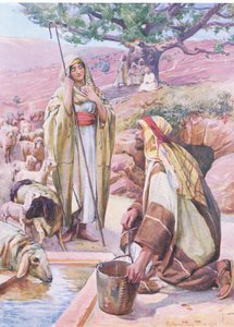 Raquel en el pozo, del Libro de Imágenes de la Biblia publicado por Thomas Nelson, c.1950 de Robert Payton Reid