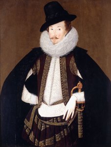 Retrato de Sir Charles Cornwallis, con una capa negra con ribete de piel, jubón blanco y chaleco bordado en oro marrón de Robert Peake