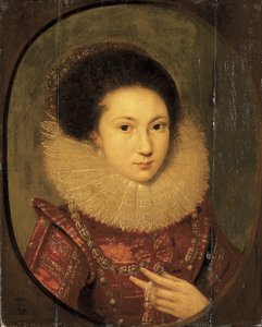 Retrato de una niña, busto, con vestido bordado escarlata y cuello de encaje de Robert Peake
