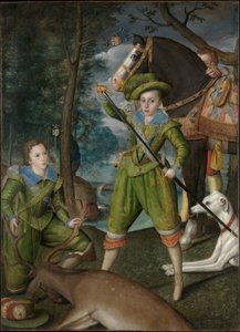 Enrique Federico (1594–1612), Príncipe de Gales, con Sir John Harington (1592–1614), en el campo de caza de Robert Peake the elder