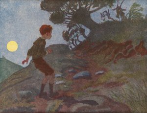 Un niño con miedo a la oscuridad (litografía en color)