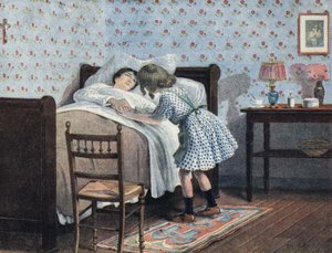 Una niña al lado de la cama de su madre enferma espera su guerra. Ilustración de Robert Salles (1871-1929) en “Yo sé leer” de Robert Salles