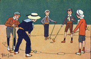 Bola por horas (juego de habilidad con bolas y mazos). Grabado en "¿A qué jugamos?" de E. Weber con dibujos acuarelados de Robert Salles (1871-1929). Librería Garnier Freres, París.