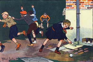 Bala a la pared. Grabado en "¿A qué jugamos?" por E. Weber con dibujos en acuarela de Robert Salles (1871-1929). Librairie Garnier Freres, París