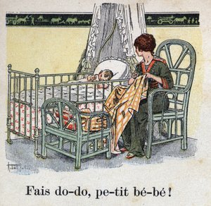 Libro infantil “Yo leeré - Alfabeto metódico y divertido por un papá” 1926. Ilustración de Robert Salles (1871-1929). “Duerme, bebé bebé!” Una madre cose en la habitación de su hijo esperando que su bebé duerma de Robert Salles
