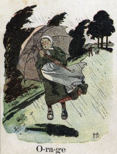 Libro infantil “Yo leeré - Alfabeto metódico y divertido por un papá” 1926. Ilustración de Robert Salles (1871-1929). “Tormenta”: una mujer en la lluvia se refugia con su paraguas. de Robert Salles