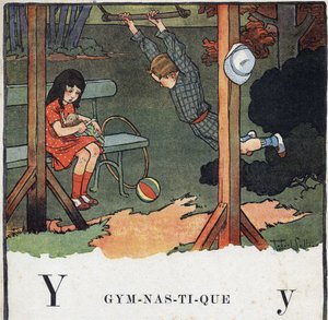 Libro infantil “Yo leeré - Alfabeto metódico y divertido por un papá” 1926. Ilustración de Robert Salles (1871-1929). Abecedario: letra Y como Gimnasia. Un niño en el trapecio mientras una niña juega con una muñeca. de Robert Salles
