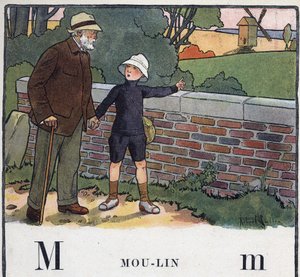 Libro infantil “Yo leeré - Alfabeto metódico y divertido por un papá” 1926. Ilustración de Robert Salles (1871-1929). Abecedario: letra M como Molino. Un niño camina con su abuelo. Señala un molino.