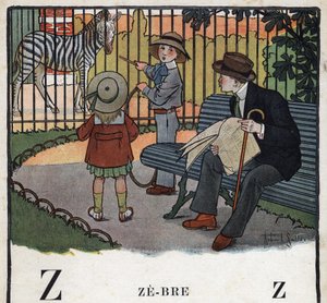 Libro infantil “Yo leeré - Alfabeto metódico y divertido por un papá” 1926. Ilustración de Robert Salles (1871-1929). Abecedario: letra Z como Cebra. Niños, con un aro, miran una cebra en un zoológico.